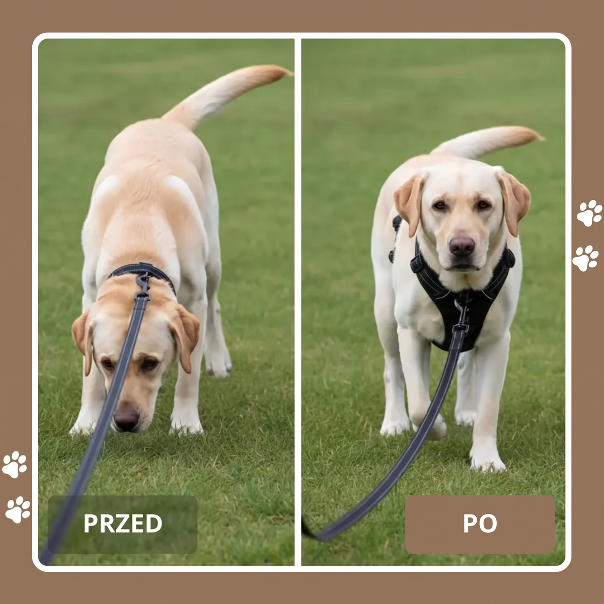Przed i po - pies w szelkach Psiafrajda